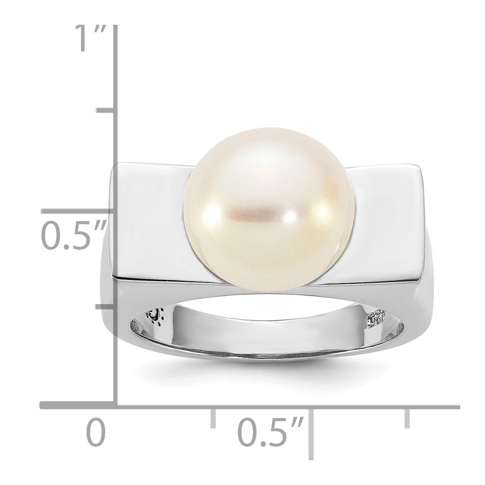 Sterling Silver Rhodium-plated 10-11mm Button White Freshwater Cultured Pearl Square Top Size 7 Ring