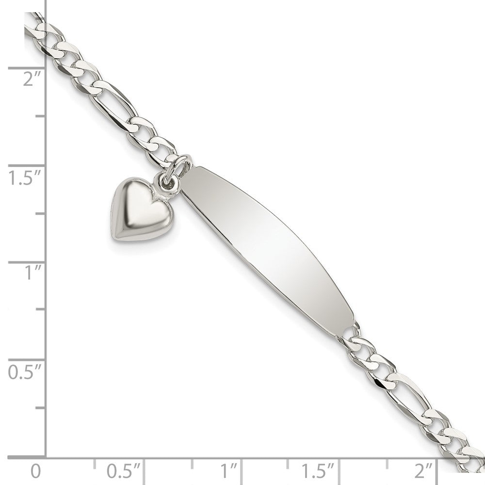 Sterling Silver Polished Figaro ID Heart Dangle Bracelet 7.5 inches