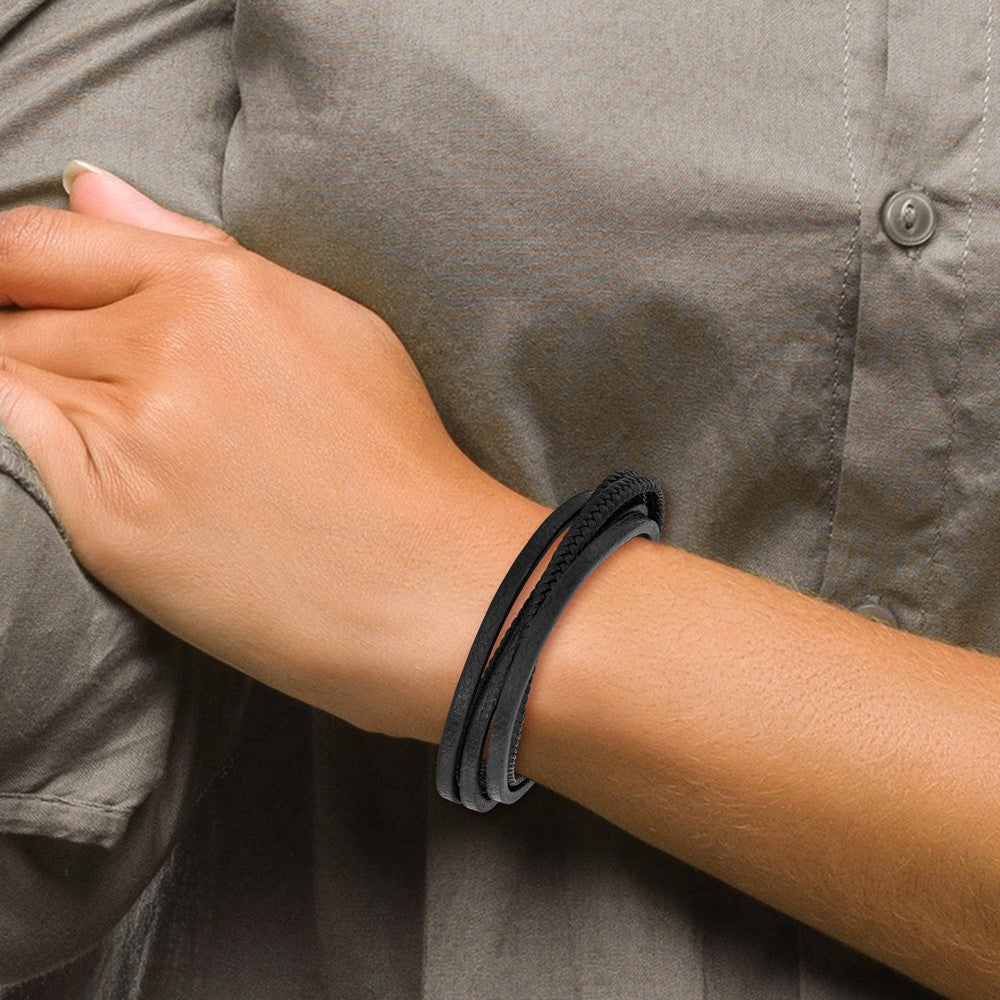 Stainless Steel Polished Black PU Leather Multi Strand w/.5in ext Bracelet 8 inches
