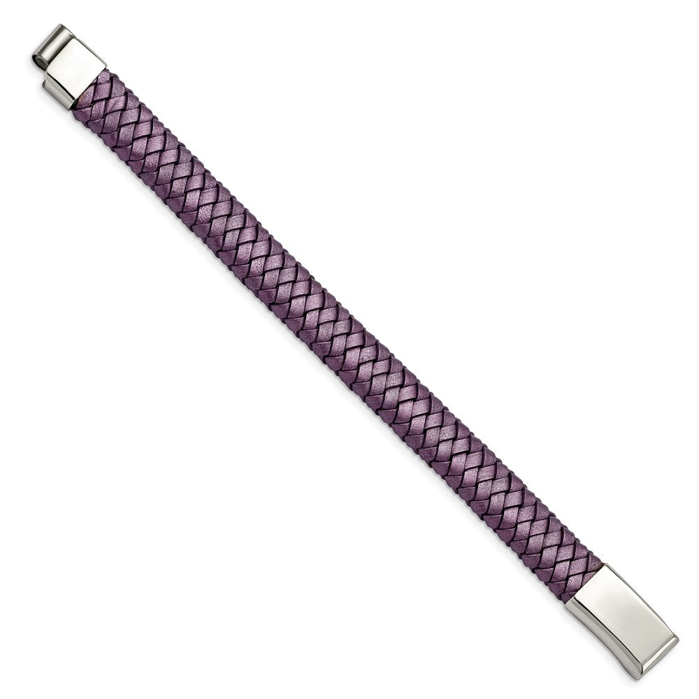 Stainless Steel Polished Metallic Purple Woven Leather 7.5in Bracelet 7.25 inches