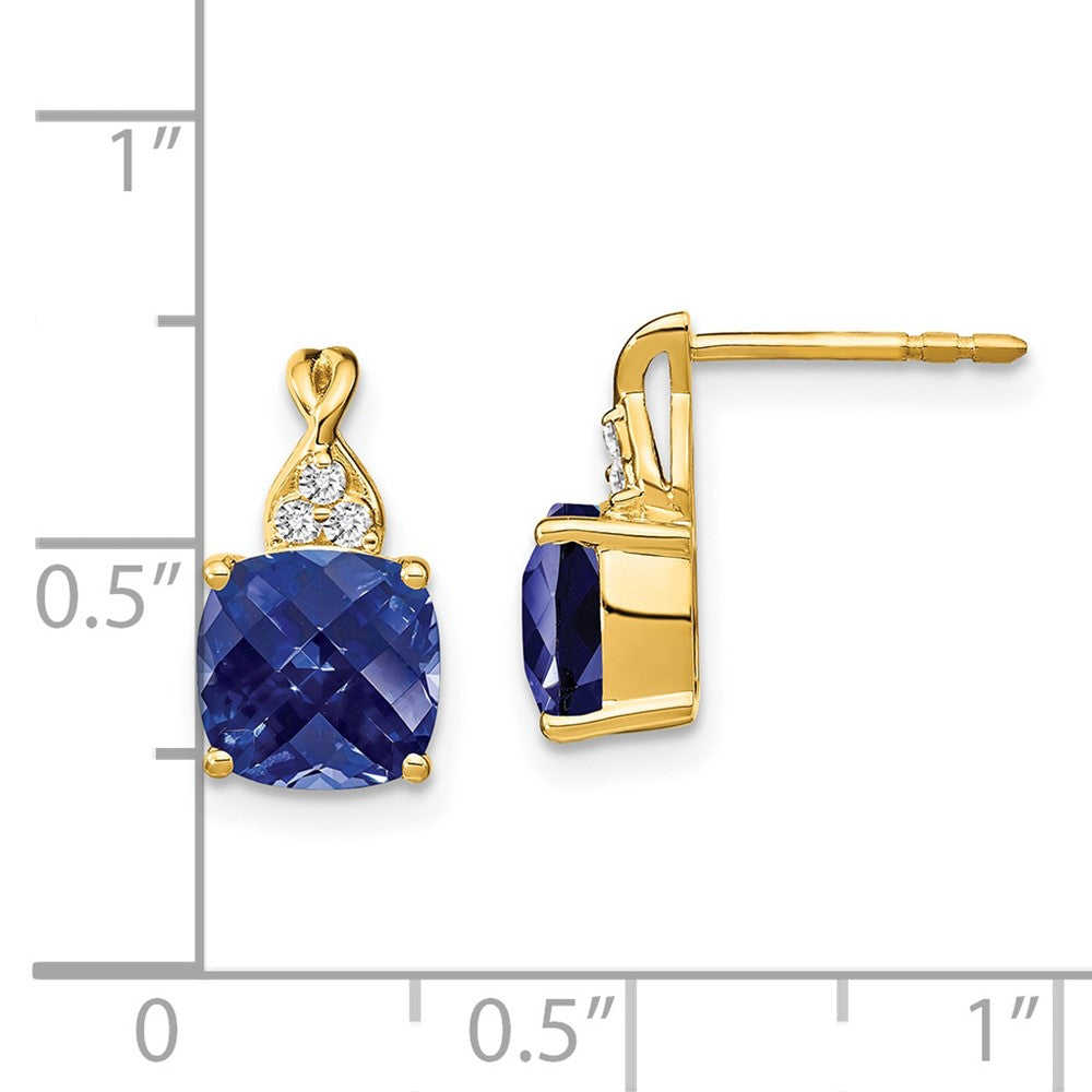 14k Checkerboard Created Sapphire and Diamond Earrings
