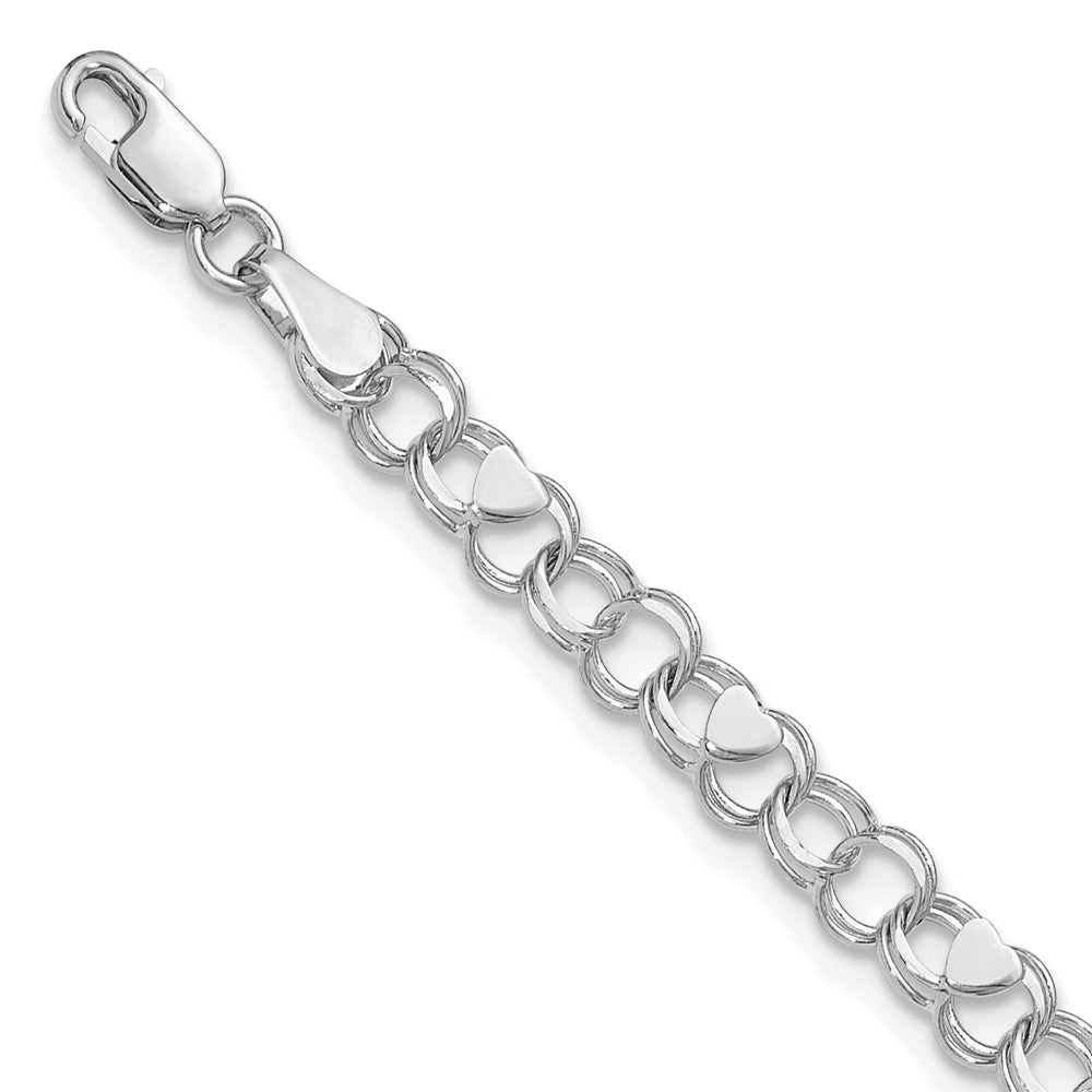 14k White Gold Double Link Heart Charm Bracelet 7 inches