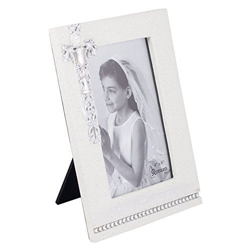 8" First Holy Communion White Frame with Silver Scroll Chalice Design - Holds 4x6 Photo
