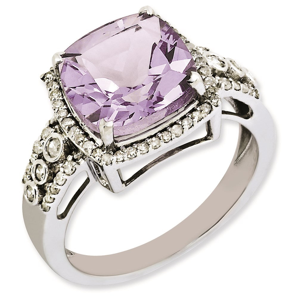 Sterling Silver Rhodium-plated Diamond & Checker-Cut Pink Quartz Ring