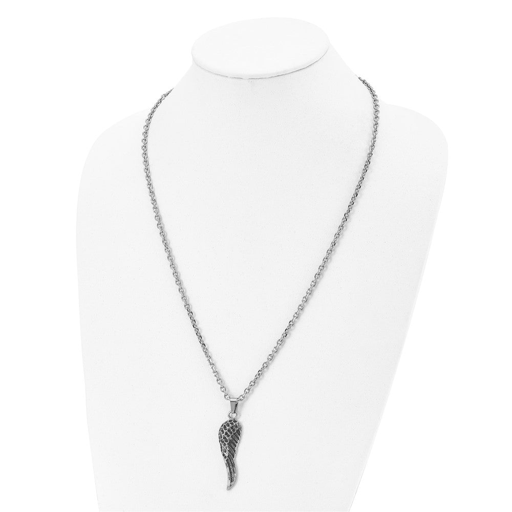 Stainless Steel Antiqued & Polished with Black Crystal Wing 24in Necklace