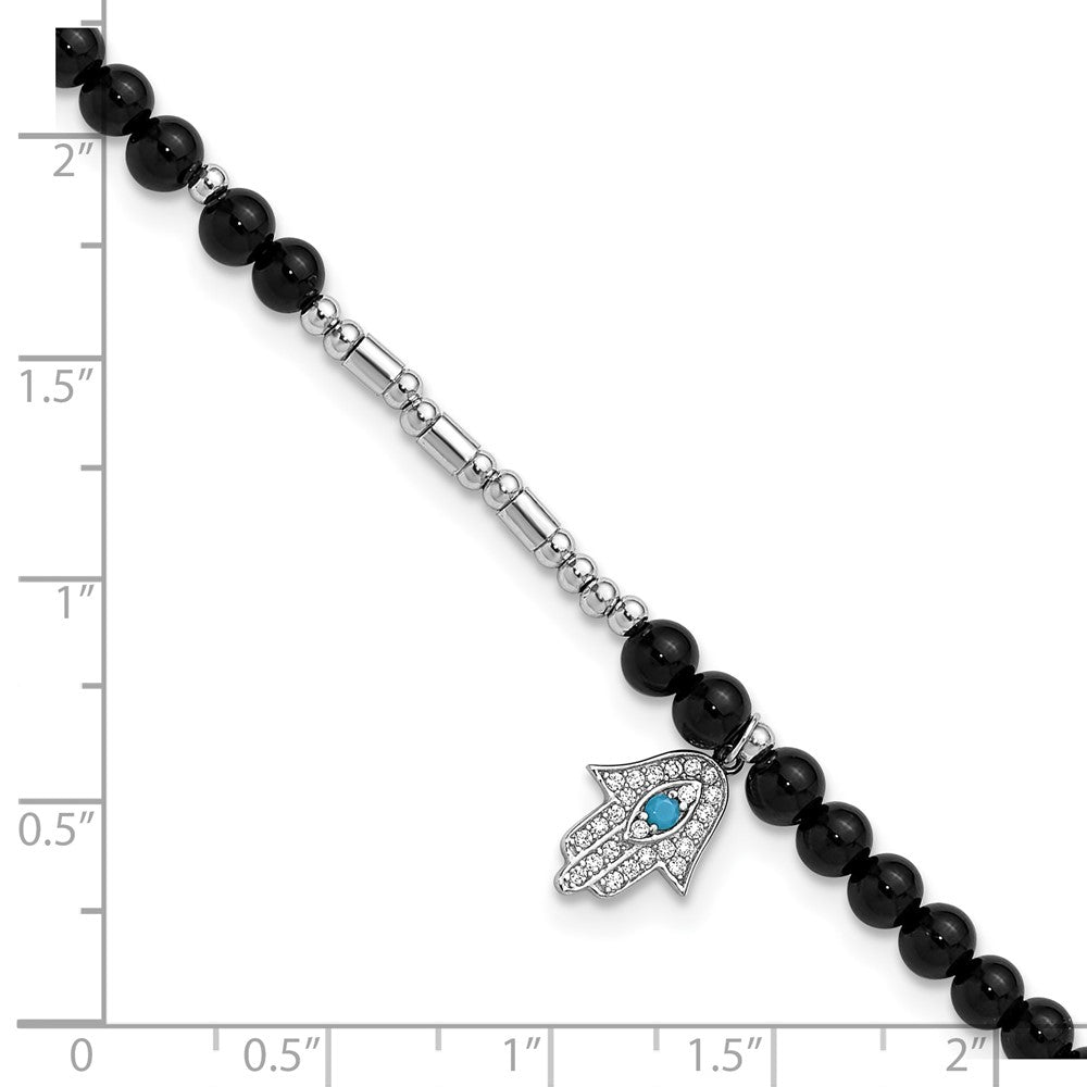 Cheryl M Sterling Silver Rhodium-plated Polished Onyx Crystal and CZ Hamsa 9.5 Inch with 1 Inch Extension Anklet 9.5 inches