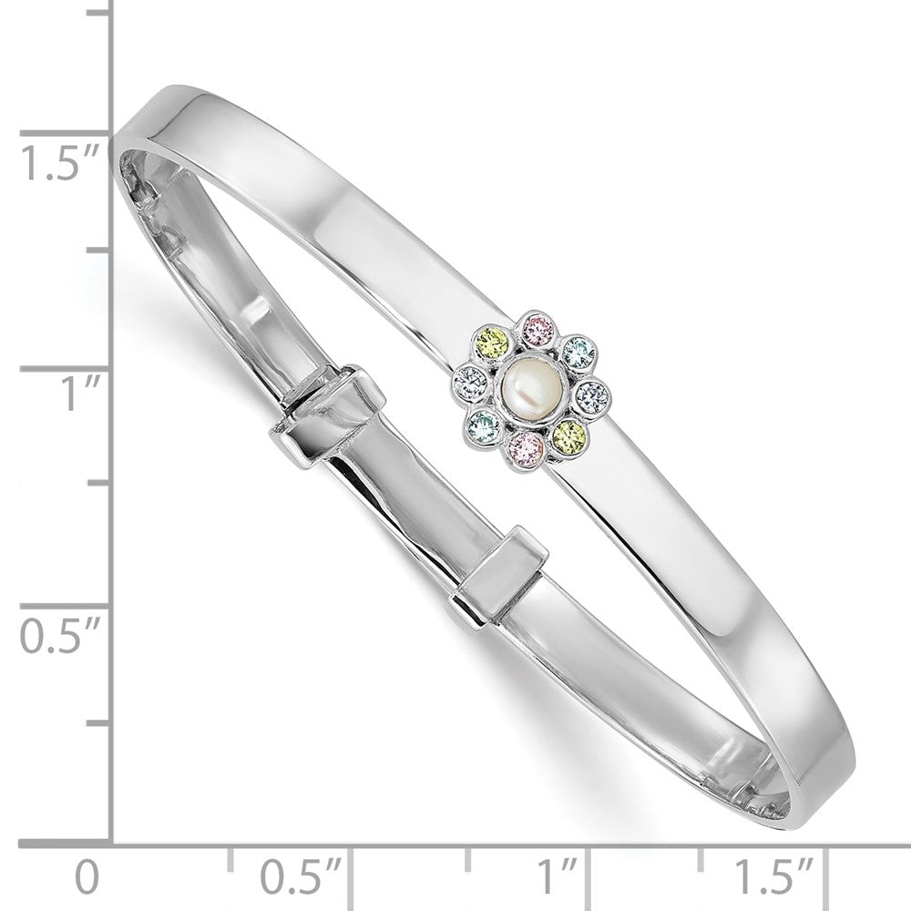Sterling Silver Rhodium-plated Polished Green, Pink, Blue and Purple CZ and Freshwater Cultured Pearl Flower Childrens Expandable Bangle