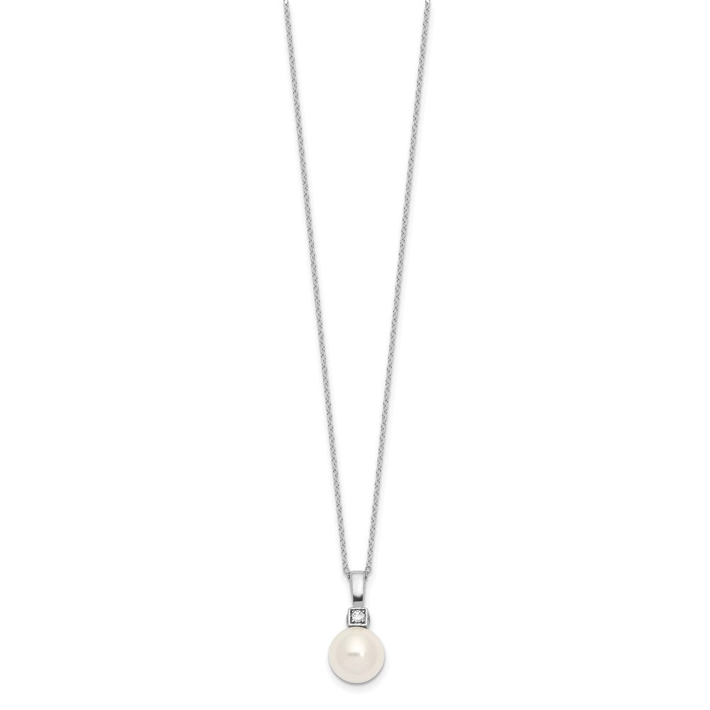 Majestik Sterling Silver Rhodium-plated 10-11mm White Imitation Shell Pearl and CZ Earrings and Spring Ring Clasp 17 inch Necklace Set