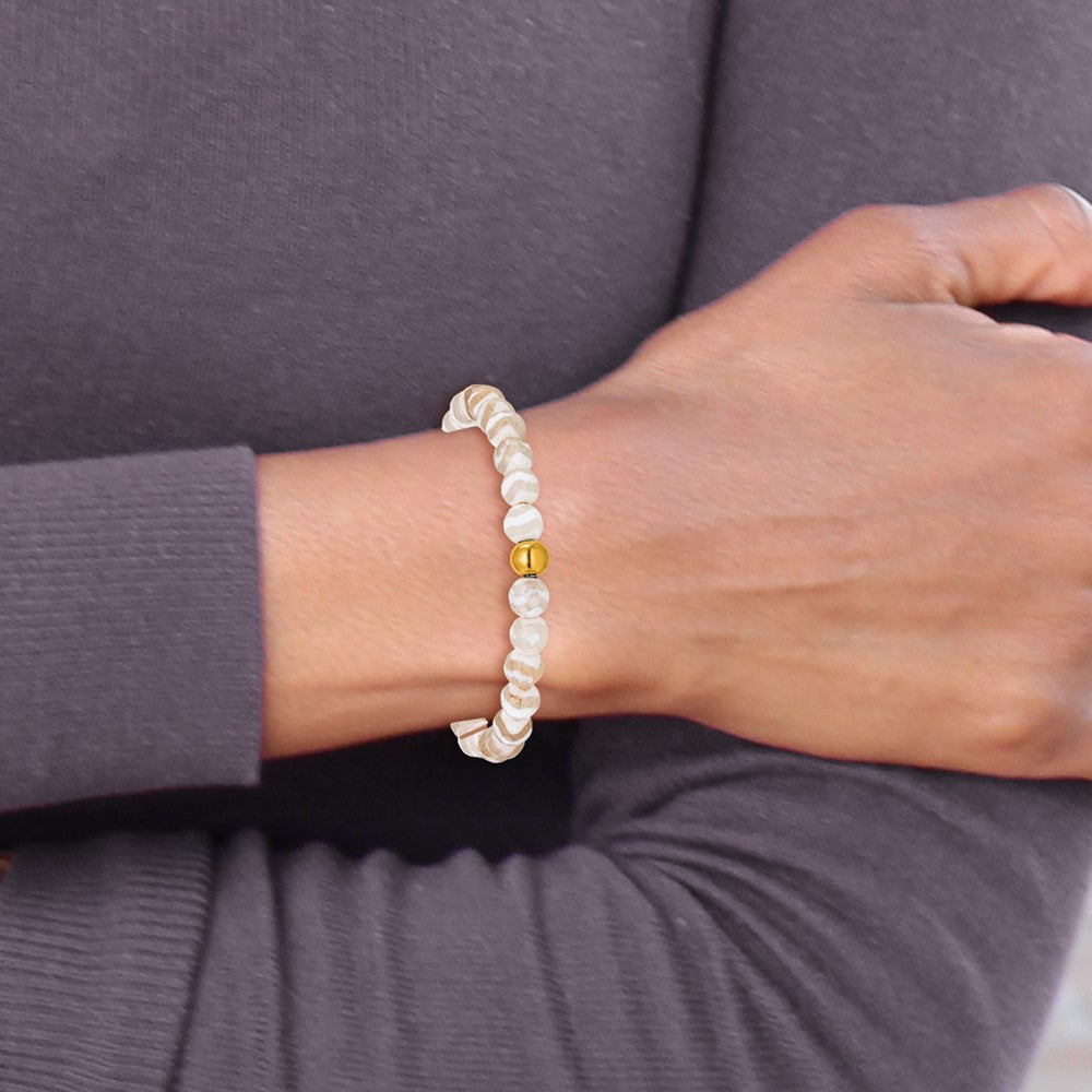 Chisel Stainless Steel Polished Yellow IP-plated 6mm White Line Agate Beaded 6.25 inch Stretch Bracelet 6.25 inches