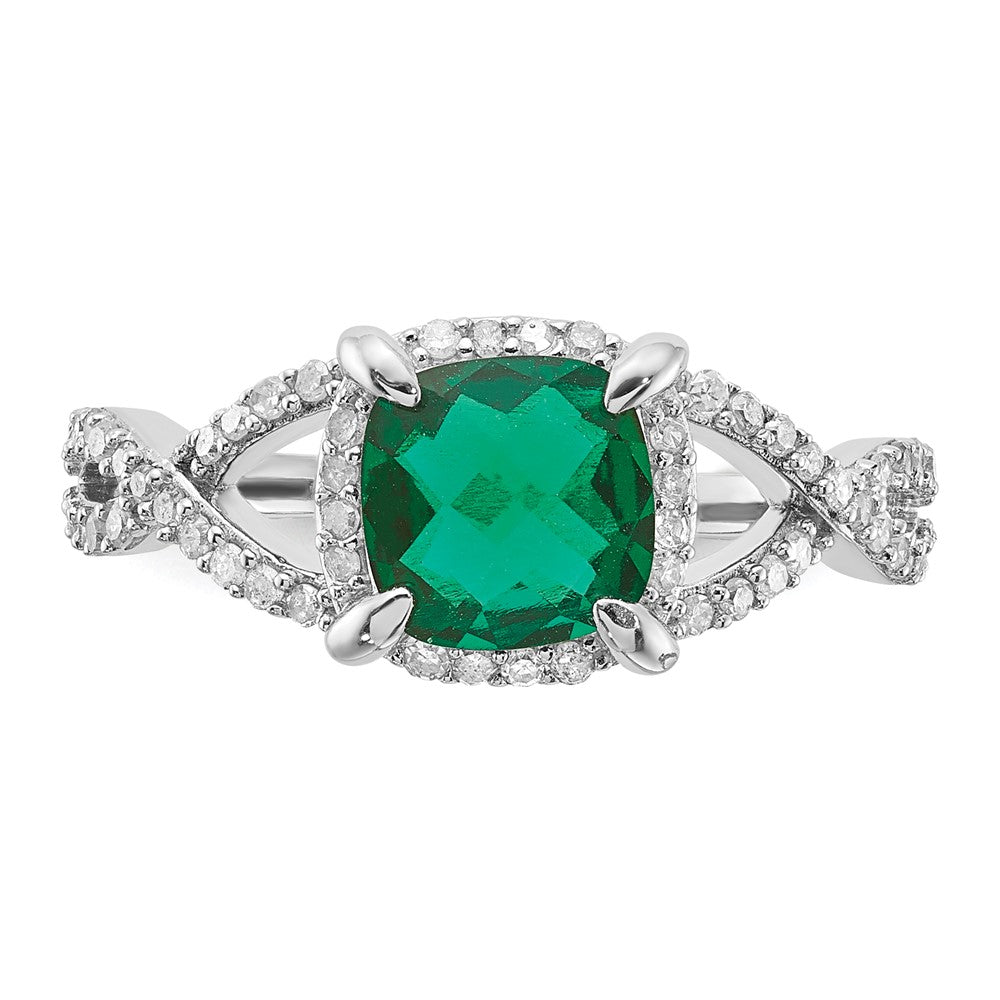 Sterling Silver Created Emerald and Diamond Ring