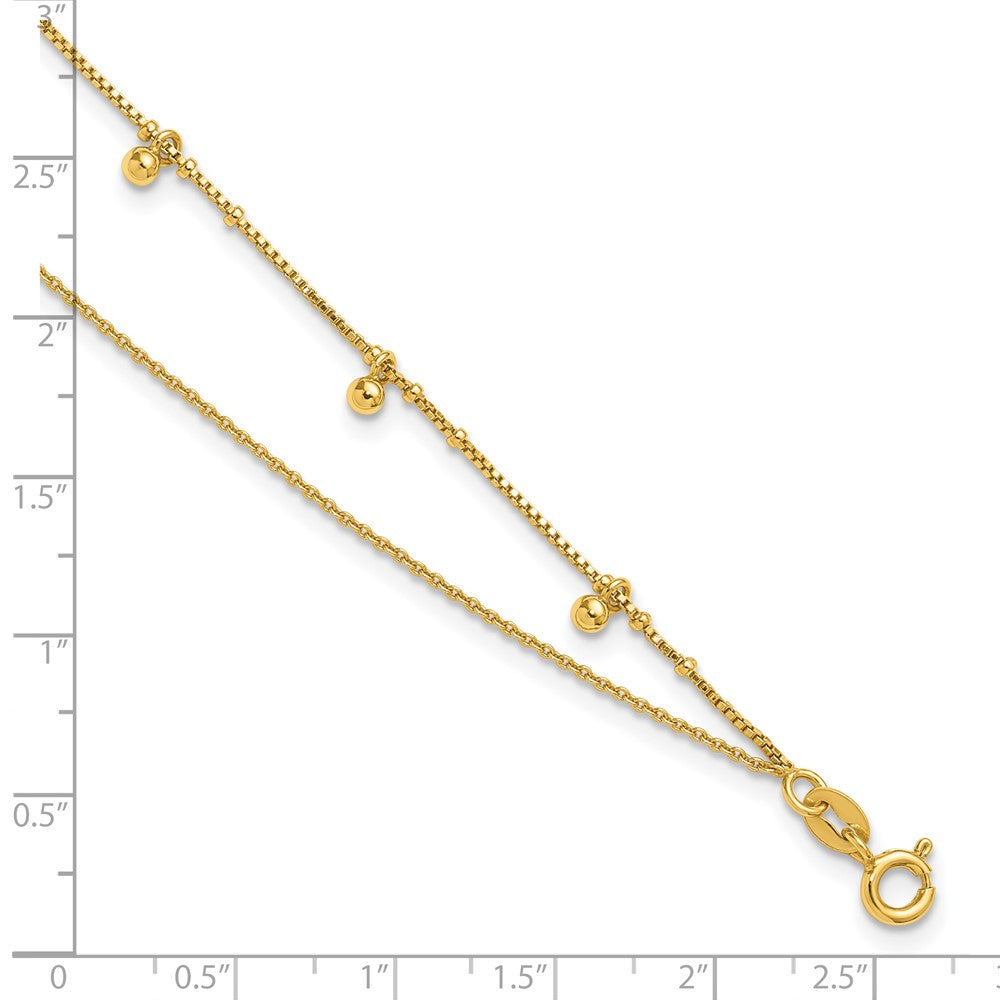 Sterling Silver Gold-tone Polished and Beaded Double Strand 9 inch with 1 inch Extension Anklet