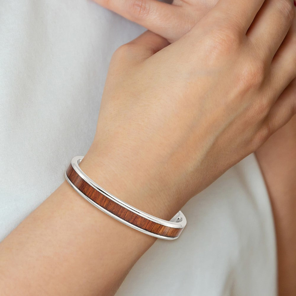 Stainless Steel Polished w/Red/Orange Koa Wood Inlay Bangle 7 inches