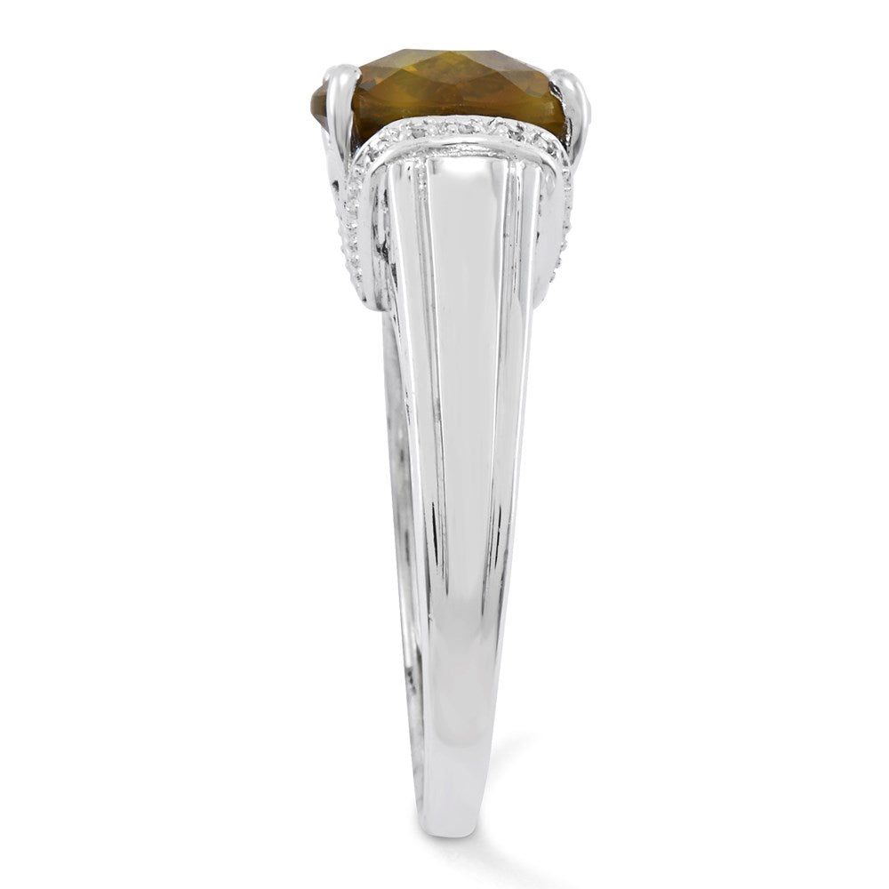 Sterling Silver Rhodium-plated Oval Checker-Cut Whiskey Quartz Ring