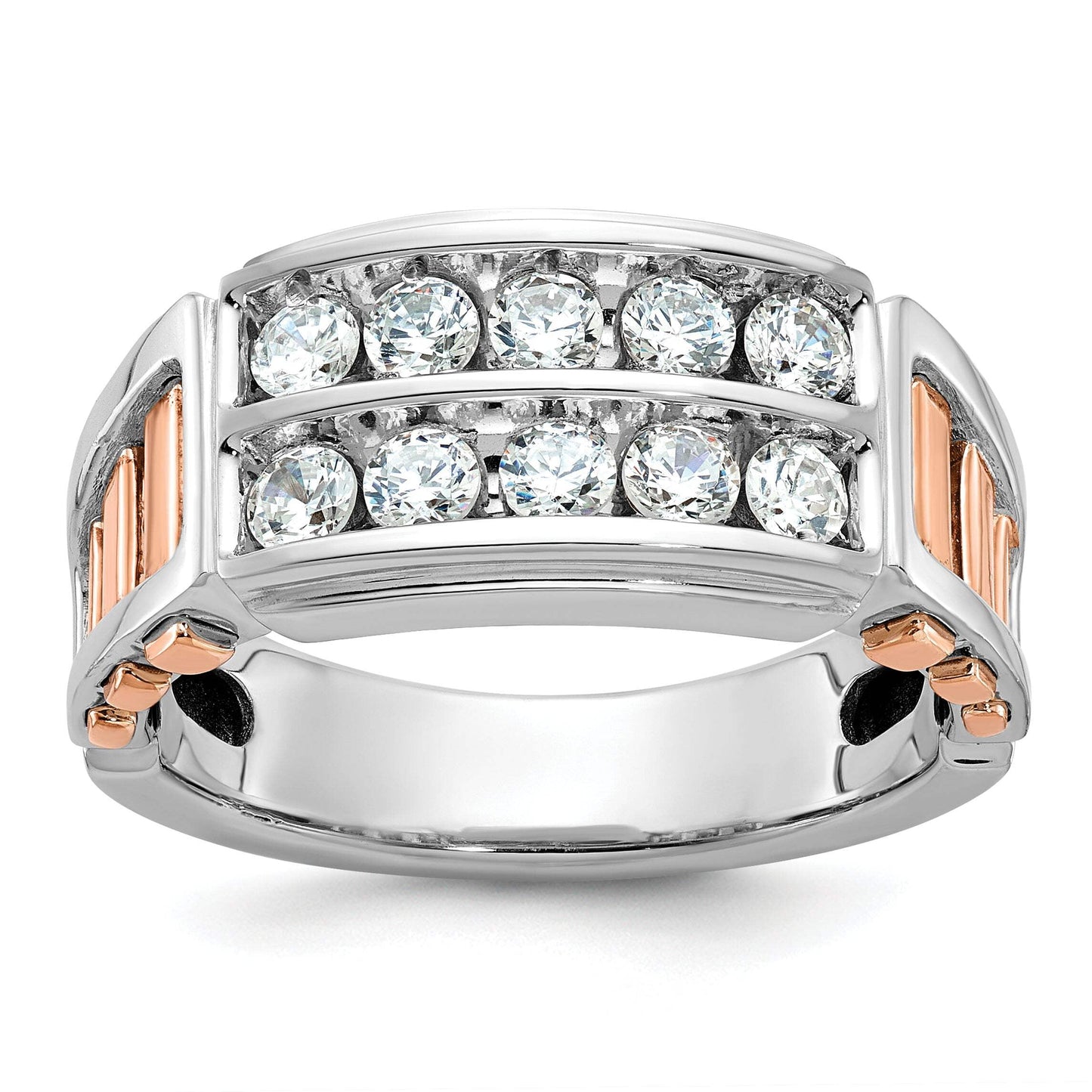 14k White and Rose Gold Men's Polished and Cut-Out 2-Row 1 Carat Lab Grown Diamond Ring