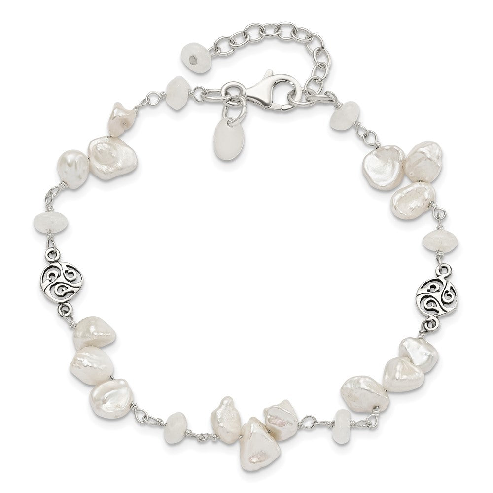 Sterling Silver FWC Keshi Pearl w/Moonstone 1in Ext. Fancy Bracelet 7.5 inches