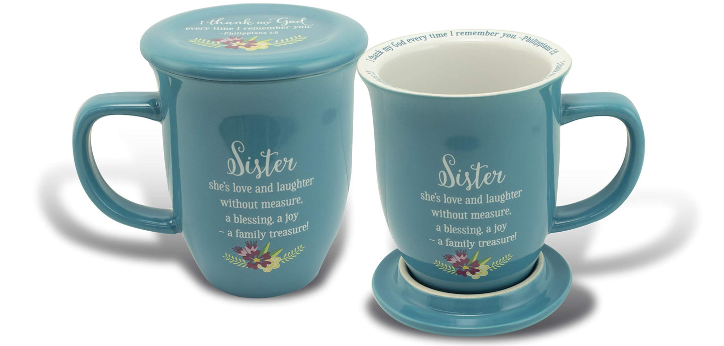 CA Gift 165785 14 oz Grace Outpoured-Sister Mug - Blue & White Interior with Coaster, Lid
