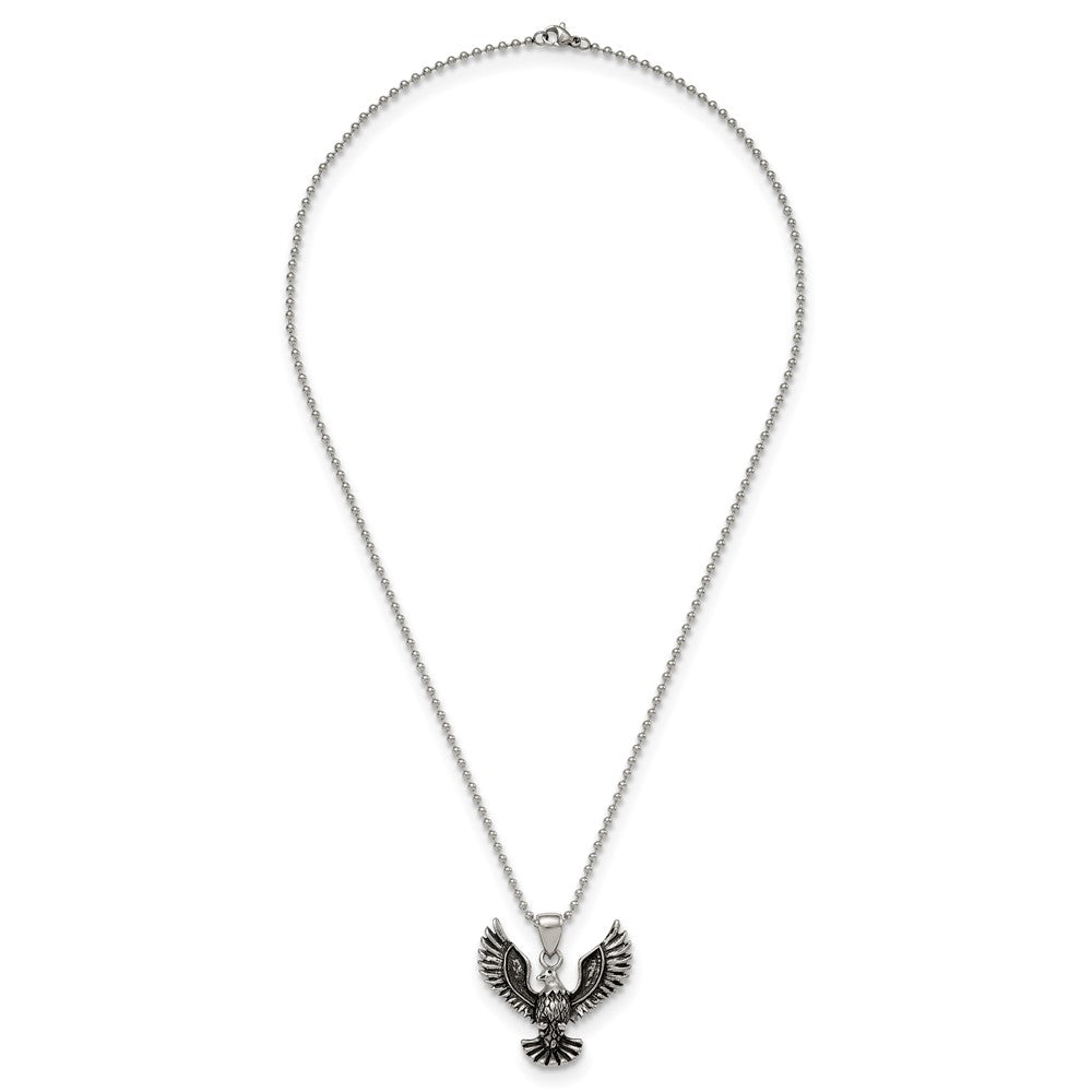Stainless Steel Antiqued and Polished Screaming Eagle 22in Necklace