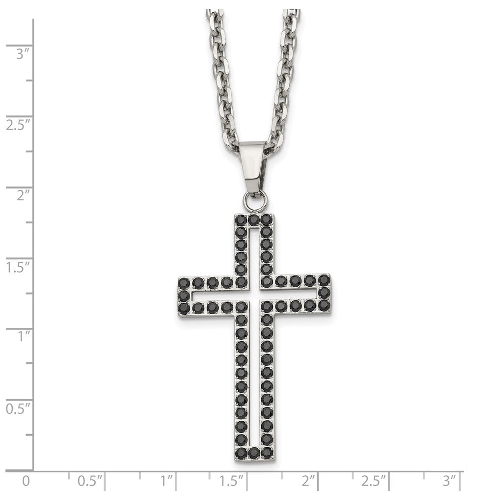 Stainless Steel Polished Black CZ Cross 20in Necklace