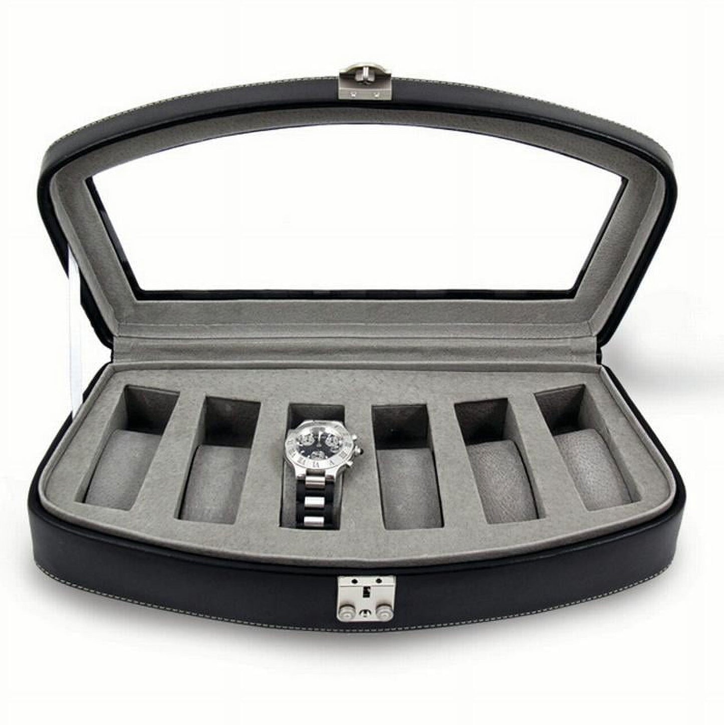 Black Leather Glass Lid Pigskin Lined Locking 6-Watch Case QGM13146