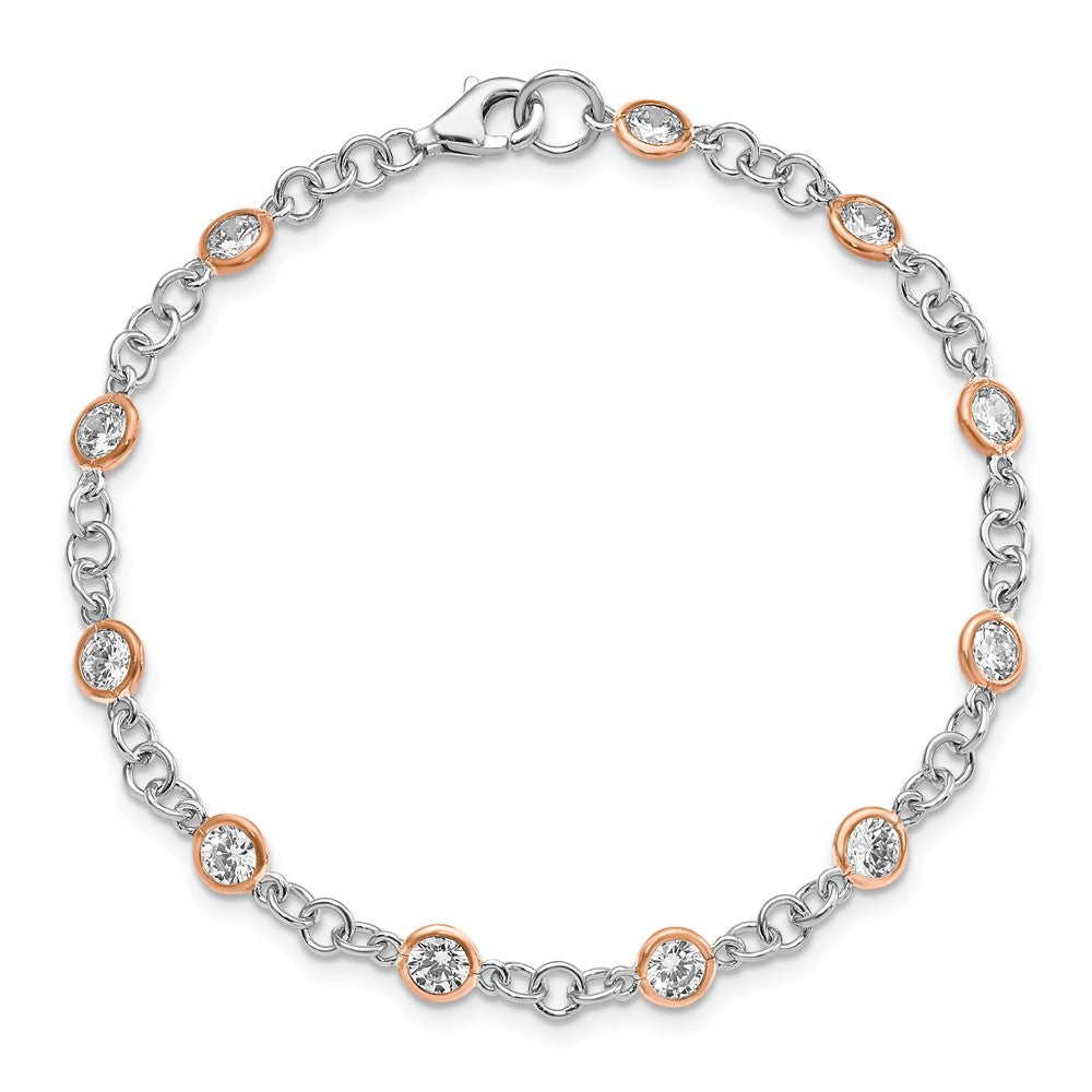 Cheryl M Sterling Silver Rhodium-plated and Rose Gold-plated Accent Brilliant-cut CZ Bezel 11 Station 7.25 Inch Bracelet 7.25 inches