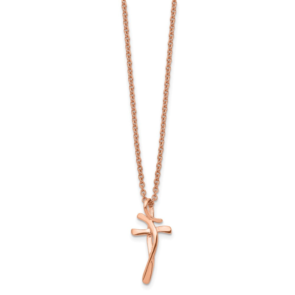 Stainless Steel Polished Rose IP-plated Twisted Cross 18.25in Necklace