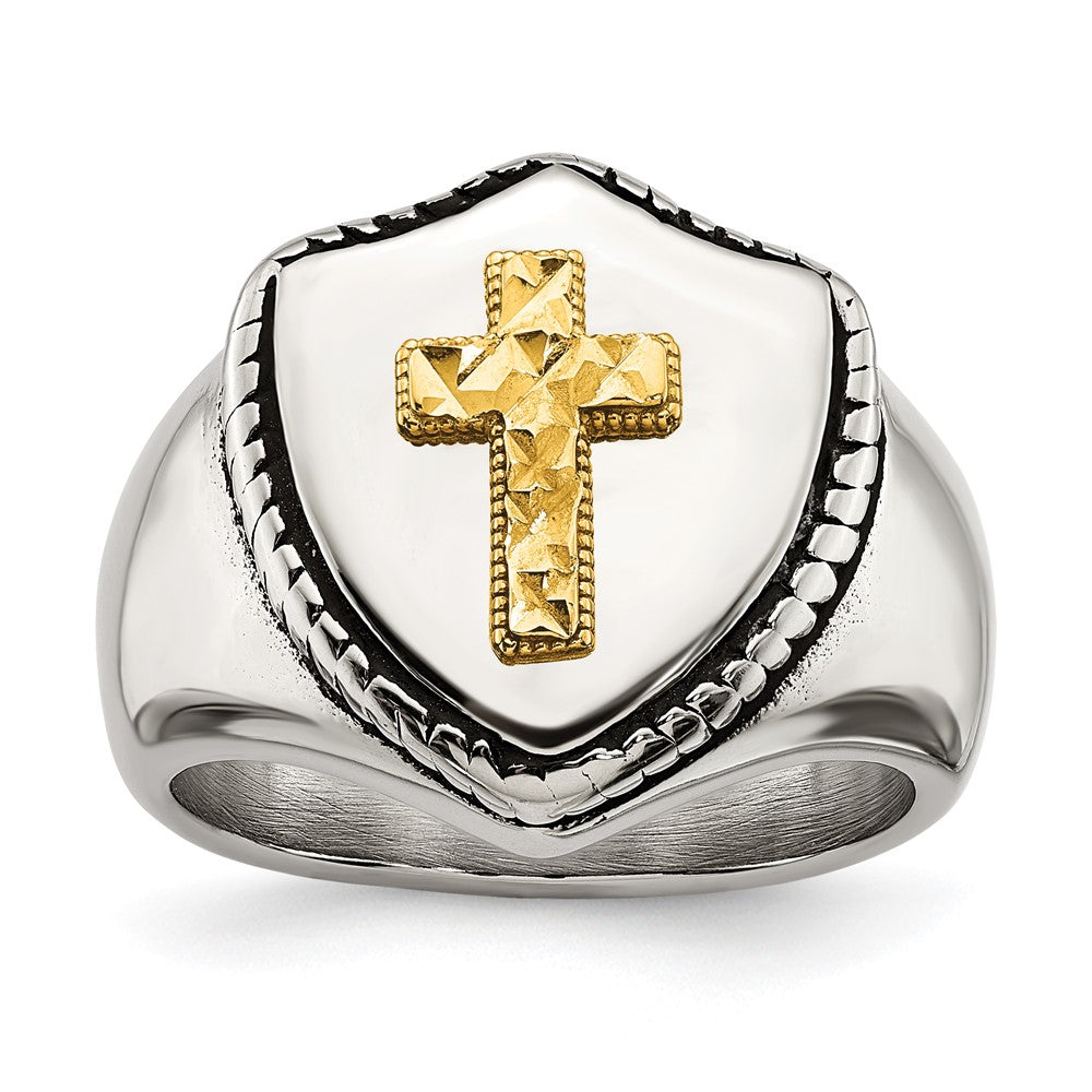 Stainless Steel w/14k Accent Antiqued & Polished Cross on Shield Ring Size - 11