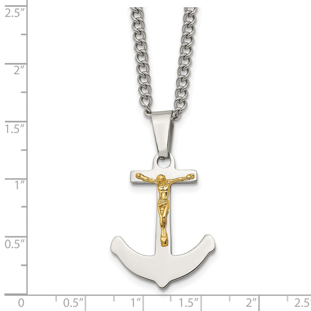 Stainless Steel Polished w/14k Gold Crucifix Anchor 24in Necklace
