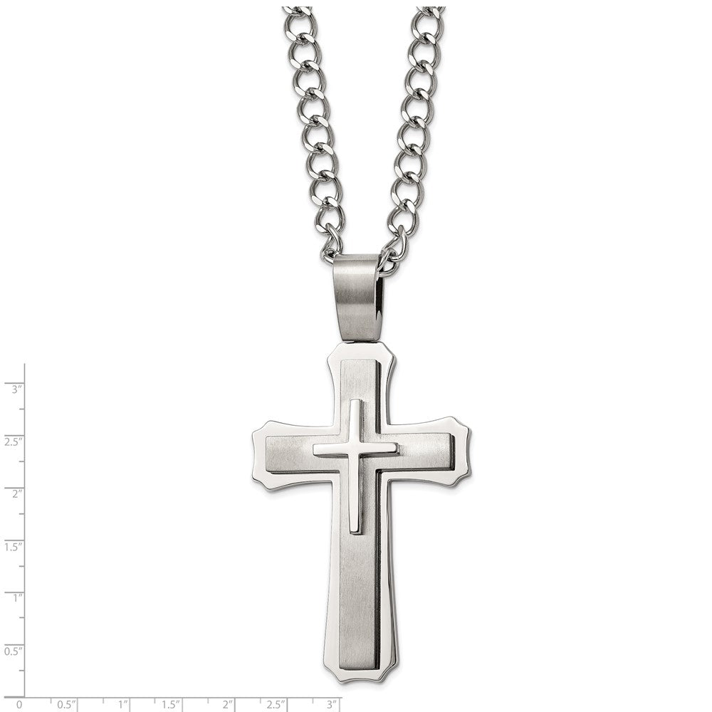 Stainless Steel Brushed and Polished Large Cross 24in Necklace