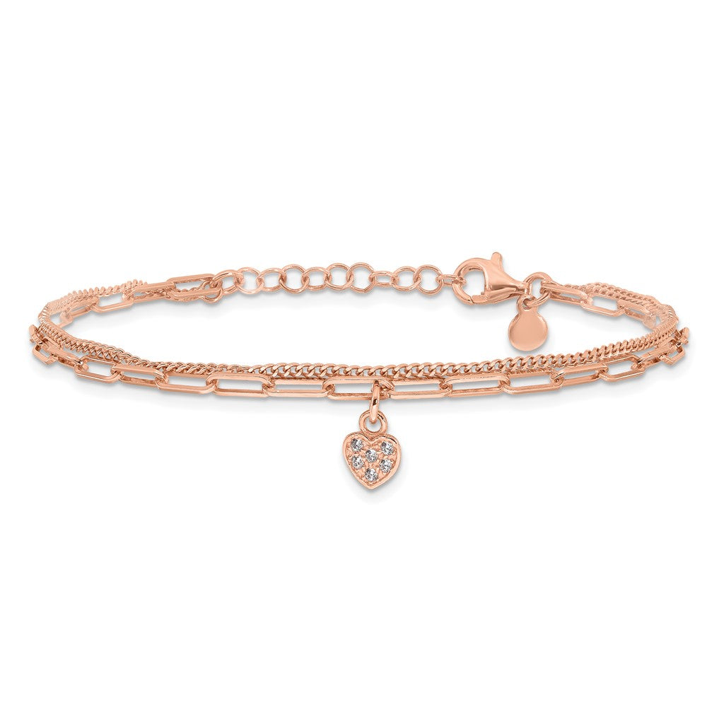 Sterling Silver Rose Gold-plated CZ Heart 6.75in w/1in ext. Bracelet 8 inches