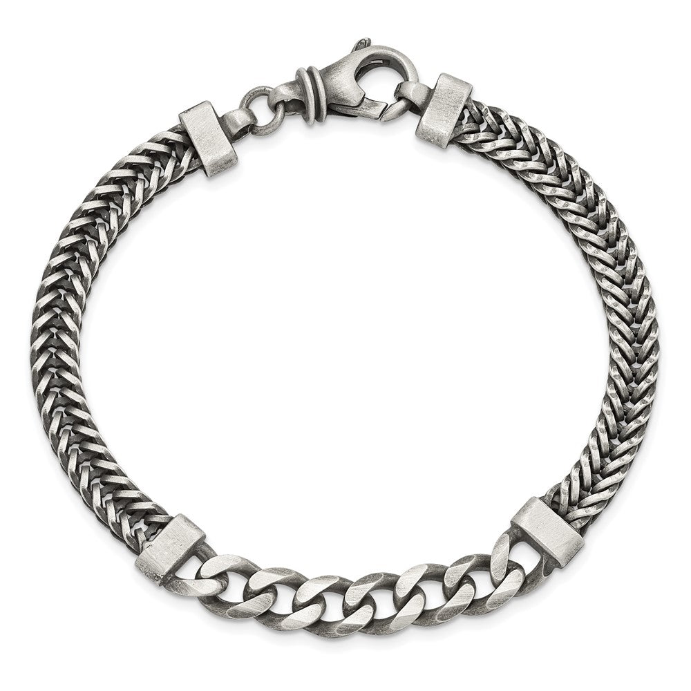 Sterling Silver Brushed Antiqued Wheat & Curb Chain Bracelet 8.5 inches