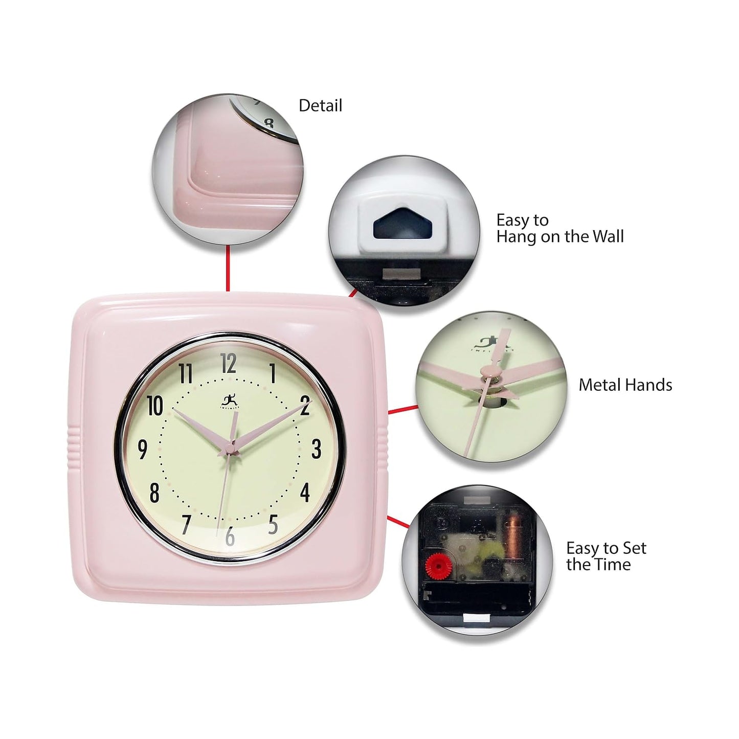 Infinity Instruments Retro Sqaure Rose Blush Pink Plastic 9.25-inch Analog Wall Clock