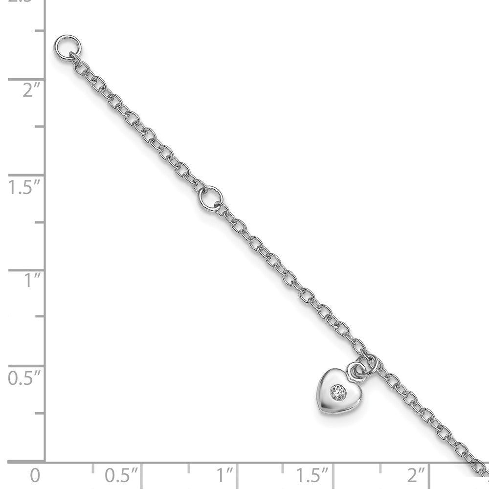 Sterling Silver RH-plated Polished CZ Heart w/ 1in ext. Children's Bracelet 6.5 inches