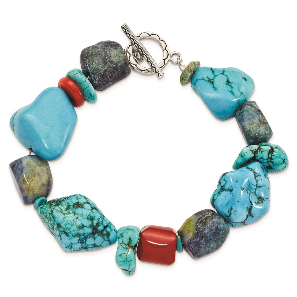 Sterling Silver Red Coral/Howlite/Lapis/Turquoise Bracelet 8 inches
