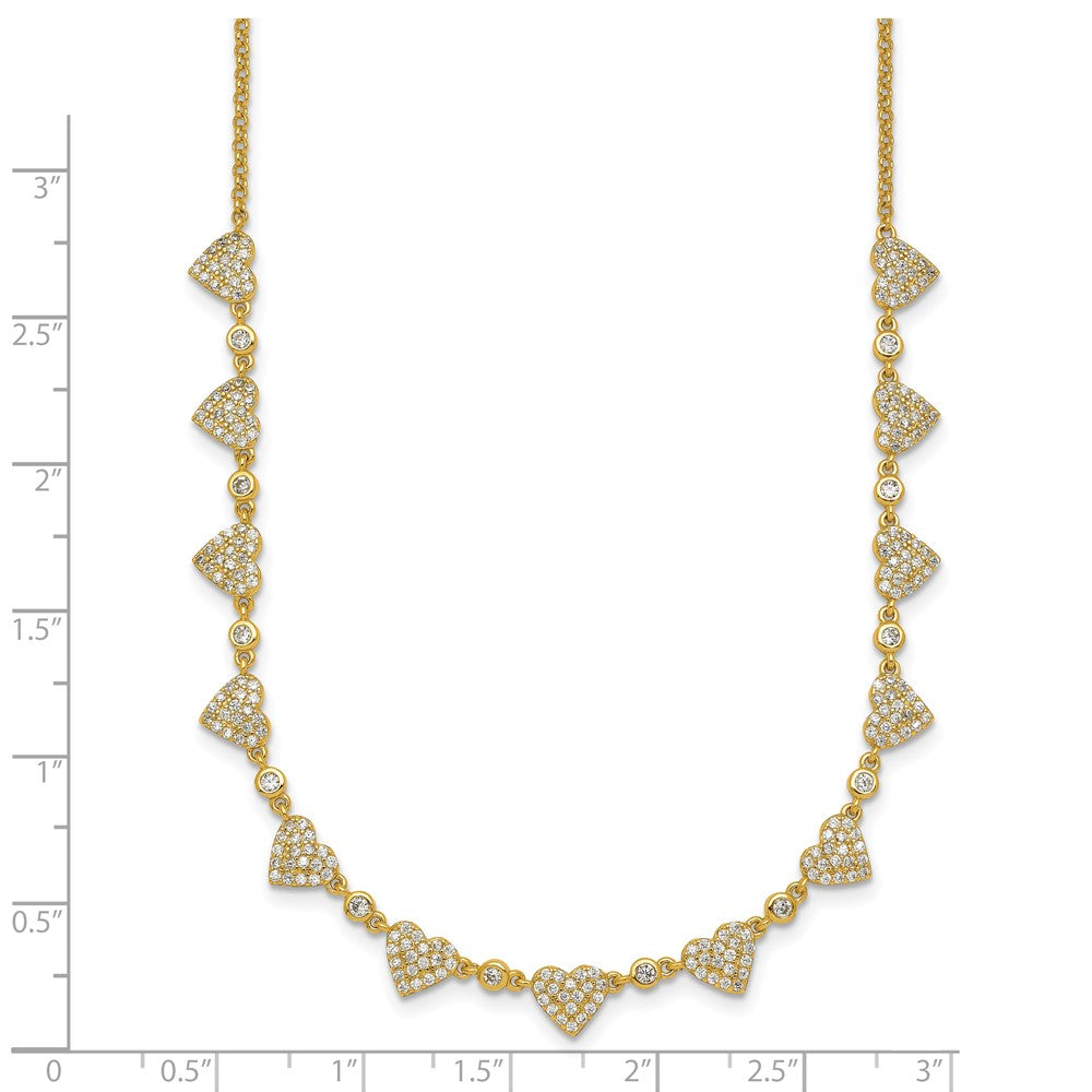 Sterling Silver Gold-tone Polished Pave CZ Hearts 16 Inch with 2 Inch Extension Necklace 16 Inches