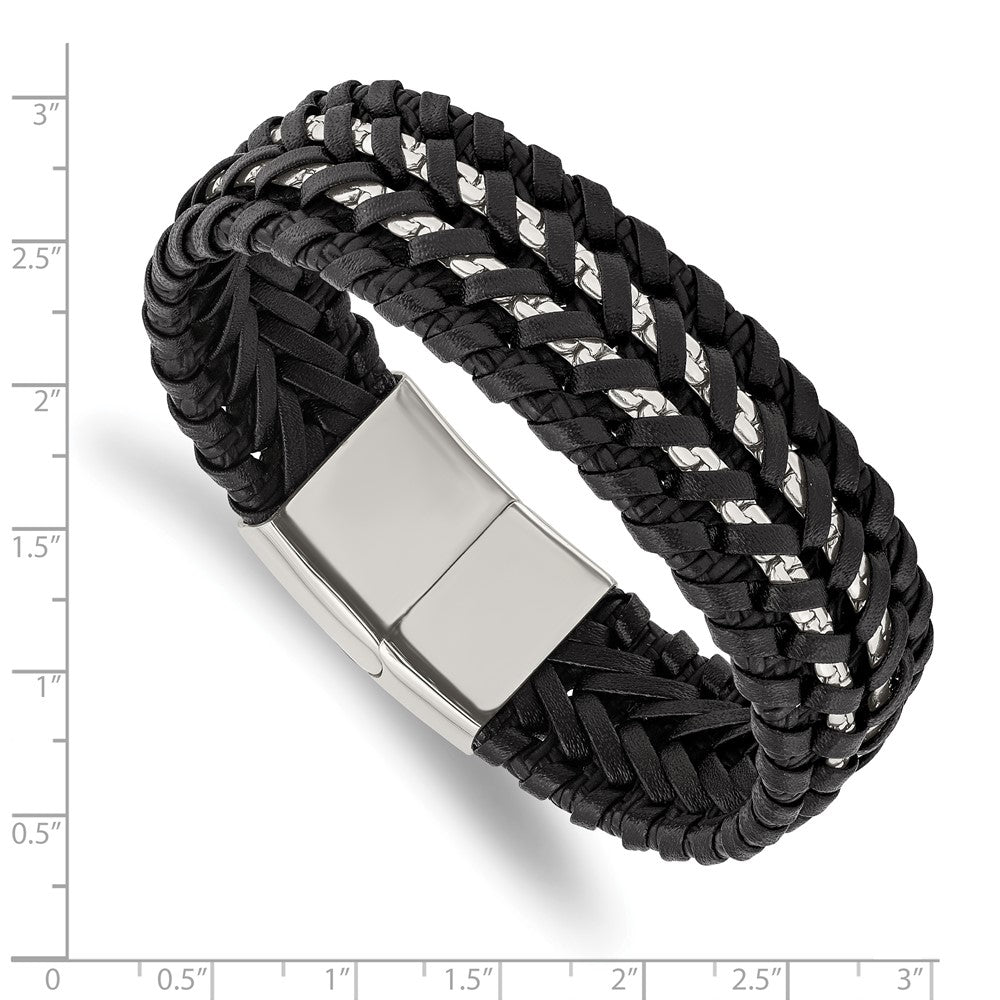 Stainless Steel Polished Black Woven Leather and Chain 8.5in Bracelet 8.5 inches