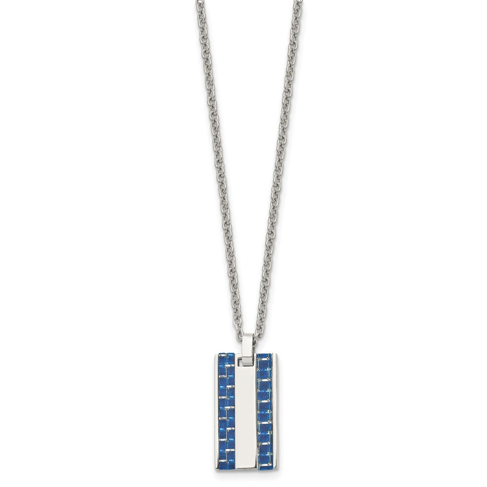 Stainless Steel Polished w/ Blue Carbon Fiber Inlay Dog Tag 22in Necklace