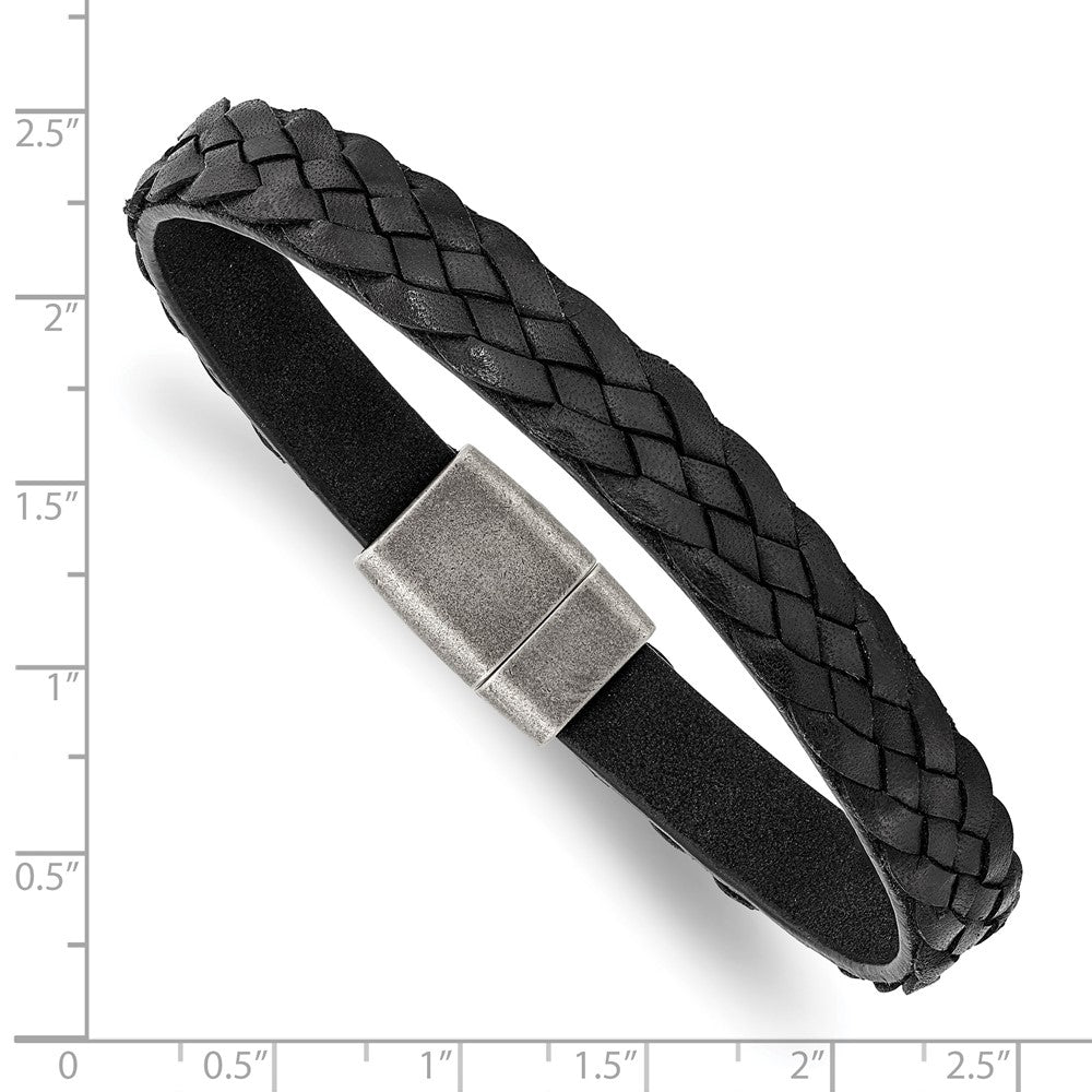 Stainless Steel Antiqued Black Braided Leather 8.25in Bracelet 8.25 inches