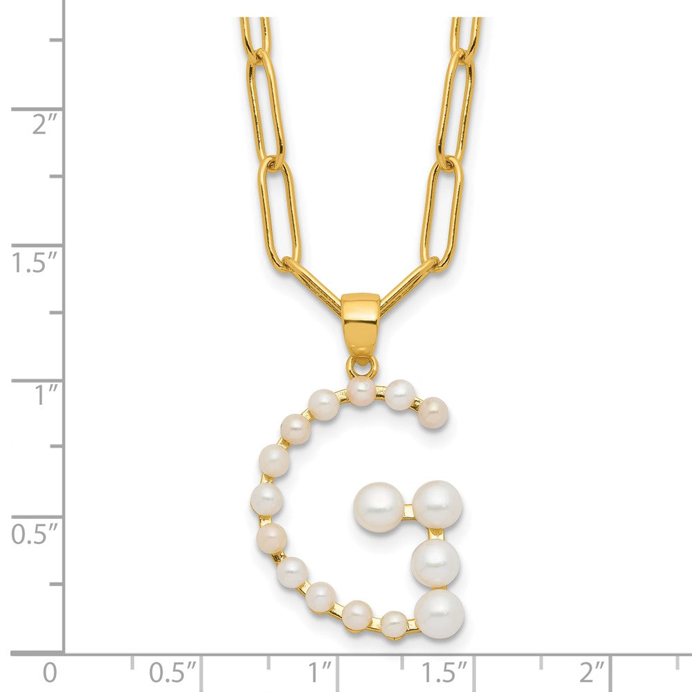 Sterling Silver Gold-plated 3-5.5mm White Button Freshwater Cultured Pearl LETTER G 18 inch Necklace
