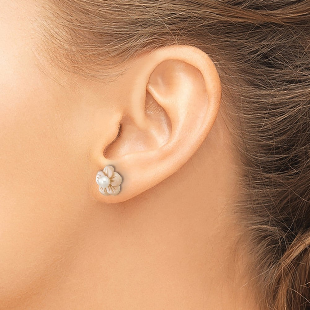 10K 3-4mm White Round Freshwater Cultured Pearl and Pink Mother of Pearl Flower Post Earrings