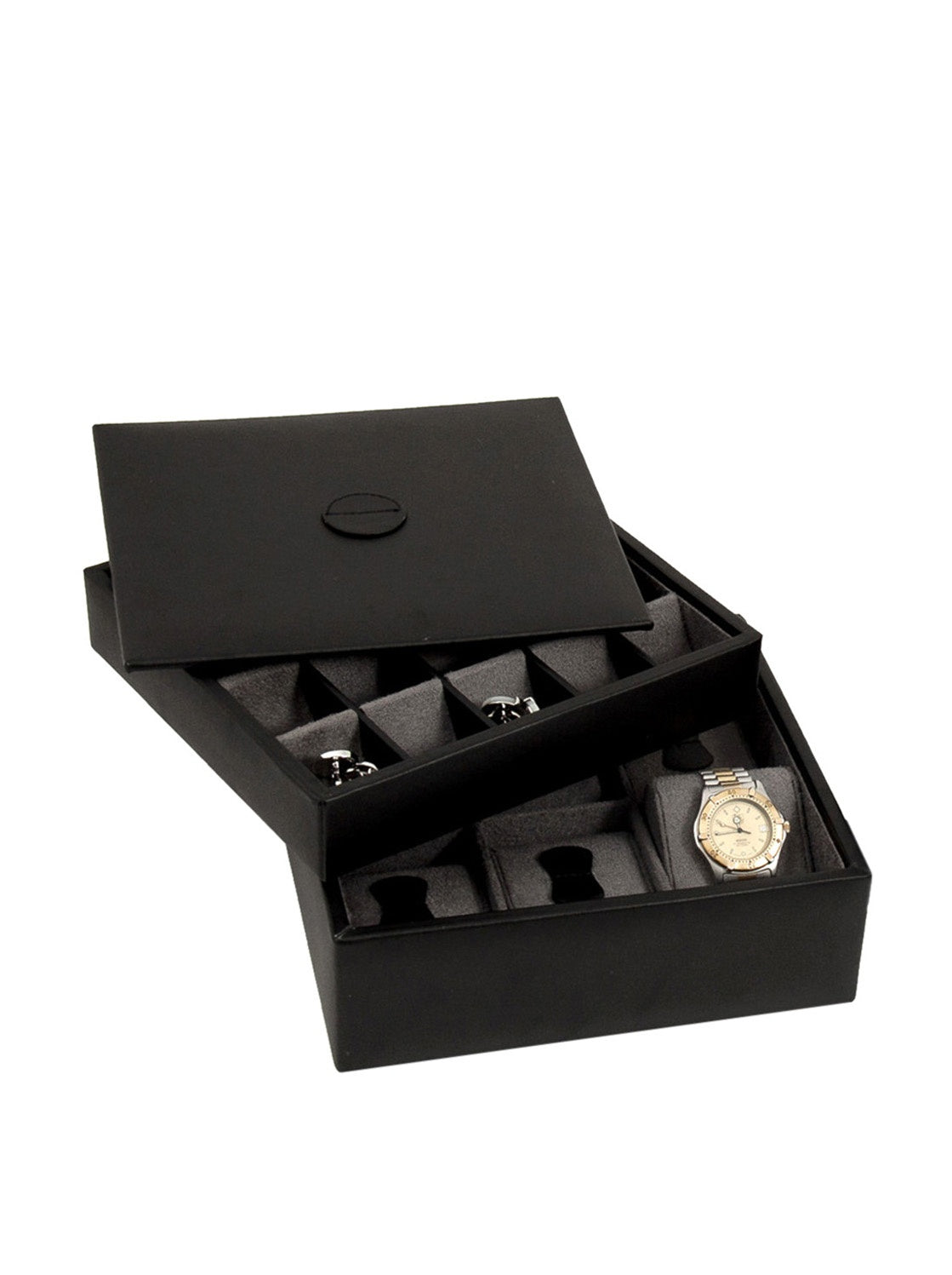 Bey-Berk International BB622BLK Leather Stacked Valet for 6 Watches & 20 Cufflinks with Lid - Black