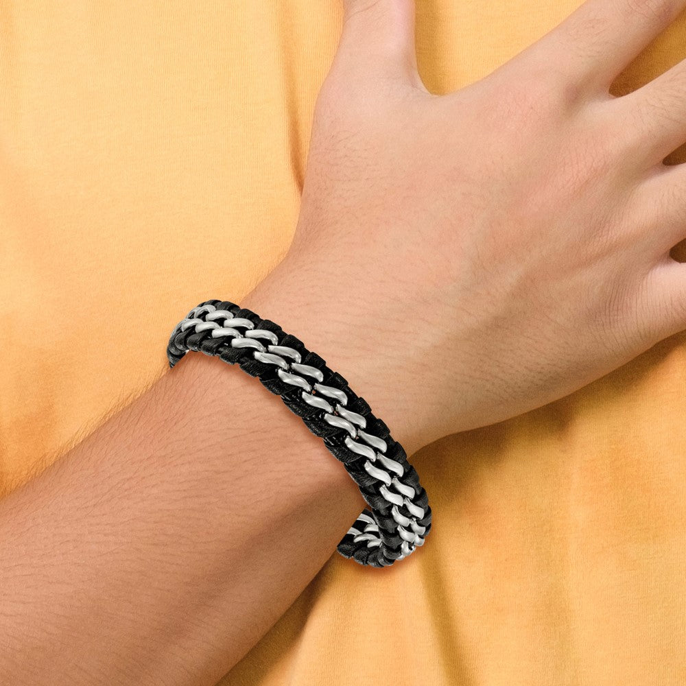 Stainless Steel Brushed Black Leather 8.5in Bracelet 8.5 inches