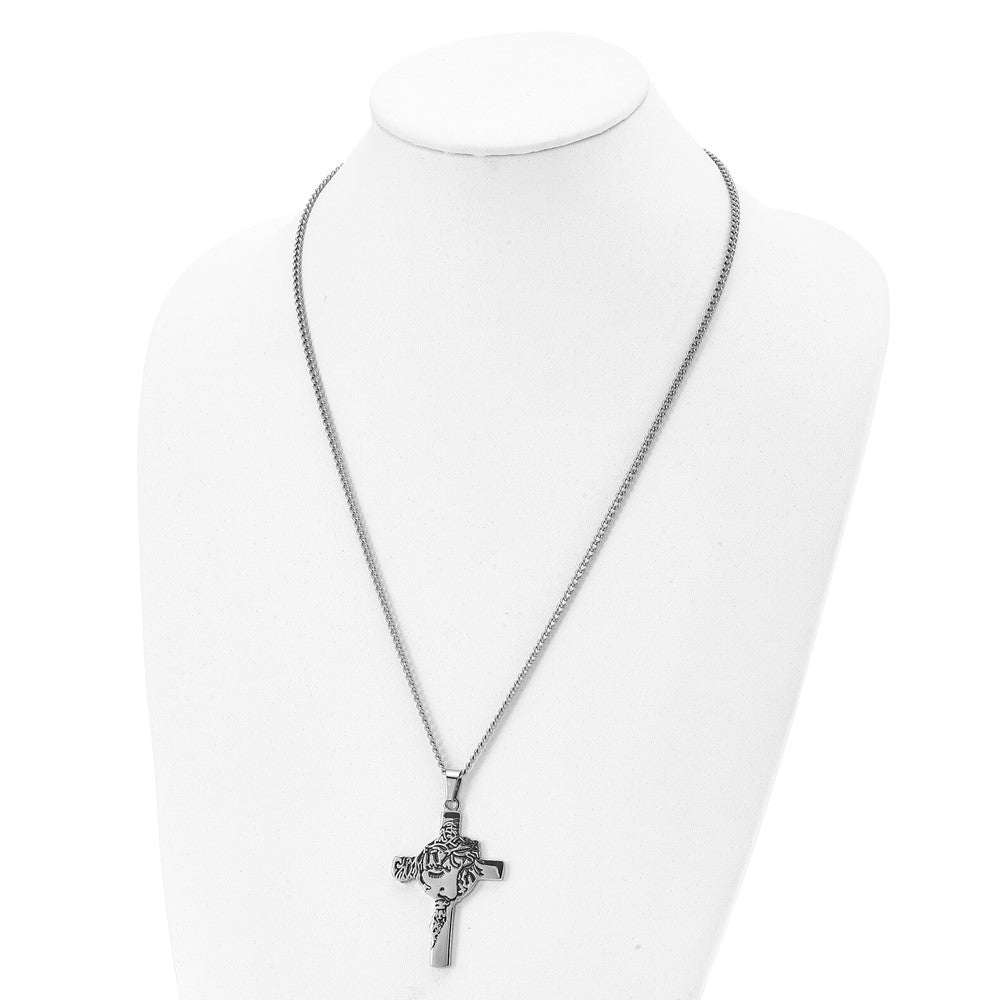 Stainless Steel Antiqued and Polished Jesus Face Cross 24in Necklace