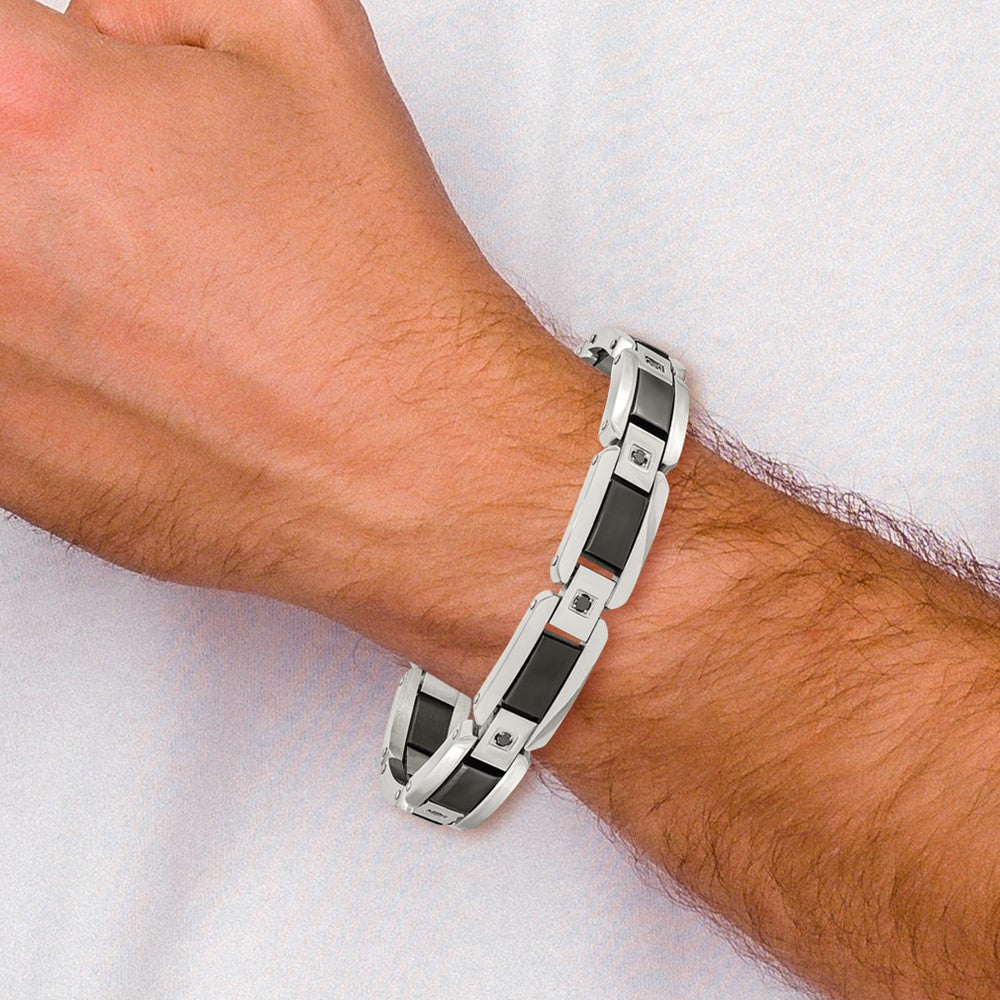 Stainless Steel Polished w/Black Enamel & Black Diamonds 8.75in Bracelet 8.75 inches