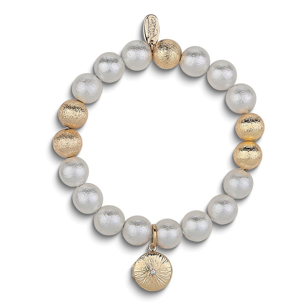 Gold-tone Prayer Locket 7 inch Cotton Bead Stretch Bracelet
