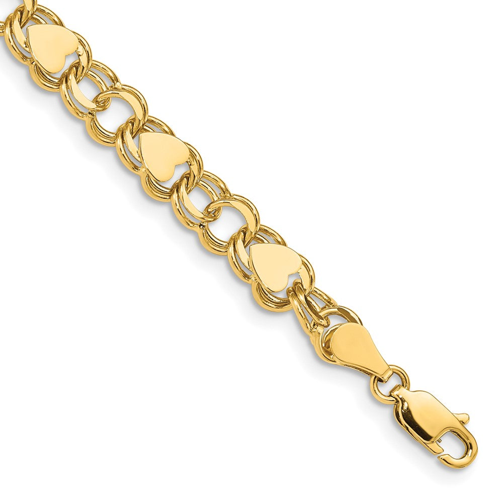 14k Double Link with Hearts Charm Bracelet 7 inches