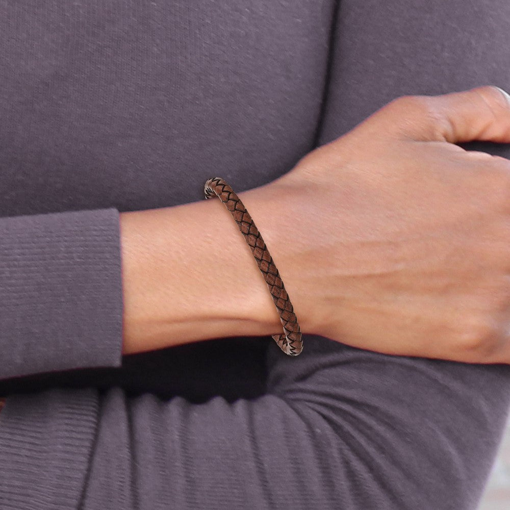 Stainless Steel Brushed Black IP-plated Brown Leather 8.25in Bracelet 8.25 inches