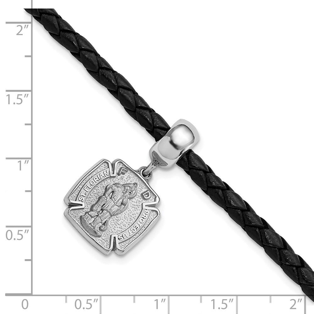 Sterling Silver St. Florian Charm Bead Black Leather Bracelet