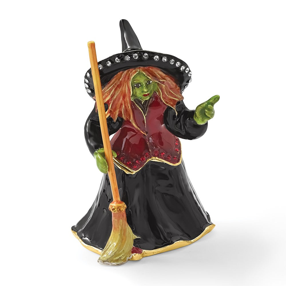 Luxury Giftware by Jere Bejeweled SALEM Witch with Broom Trinket Box with Matching 18 Inch Necklace