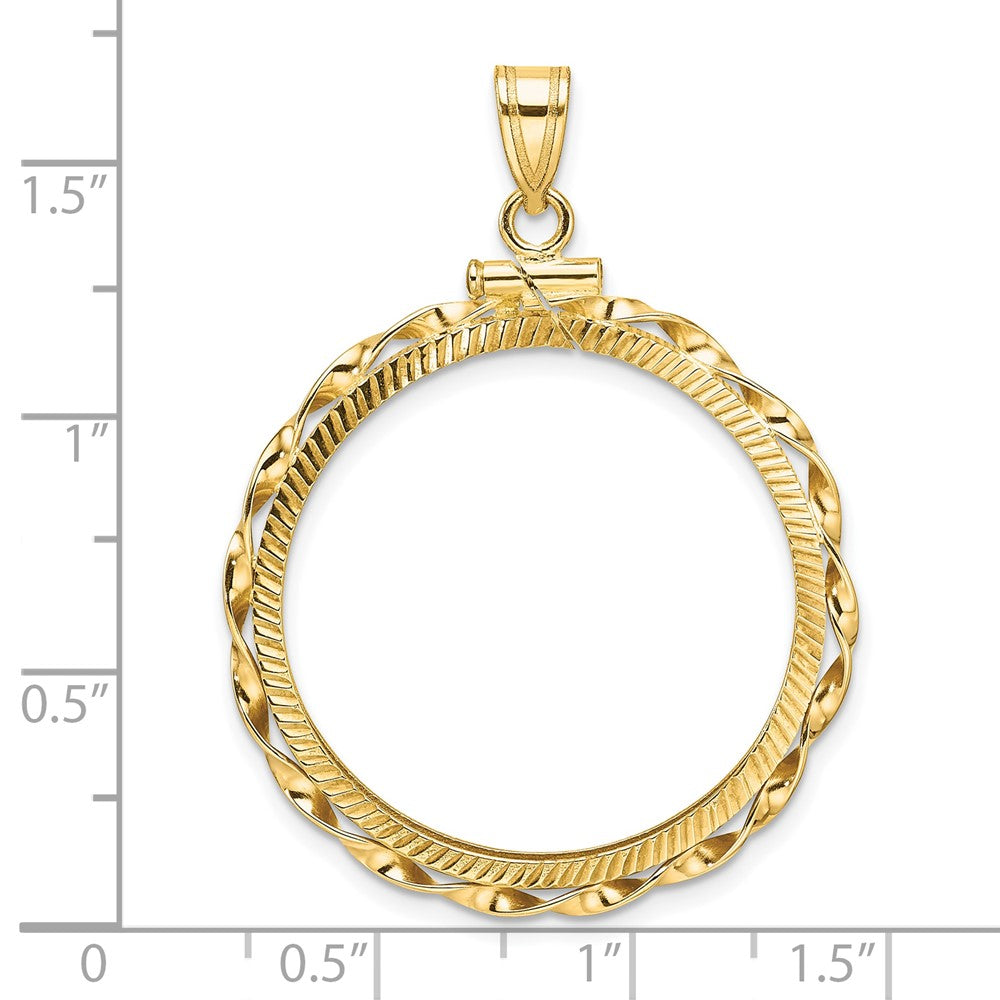 Wideband Distinguished Coin Jewelry 14k Polished Hand Twisted Ribbon and Diamond-cut 27.0mm x 2.35mm Screw Top Coin Bezel Pendant