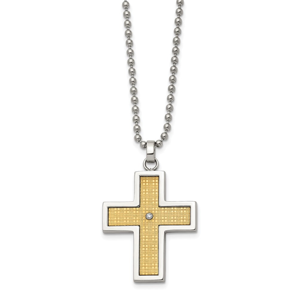 Stainless Steel Polished w/14k Gold Accent & .01ct Dia Cross 22in Necklace